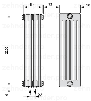 Схема (чертеж) Радиатор Zehnder Charleston 6220/4 №3470 Белый глянцевый RAL 9016